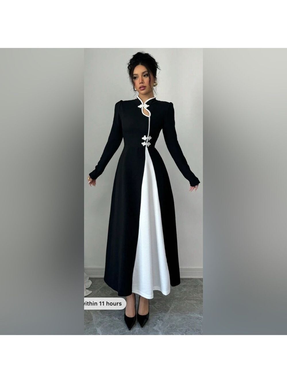 Black White Patchwork Maxi Dress Bubble Sleeve Buttoned